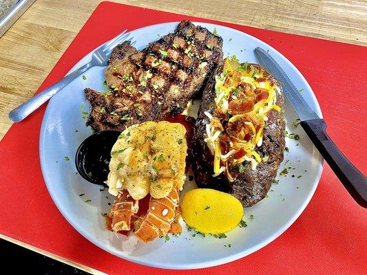 20 oz steak, giant lobster tail, mega baked potato.