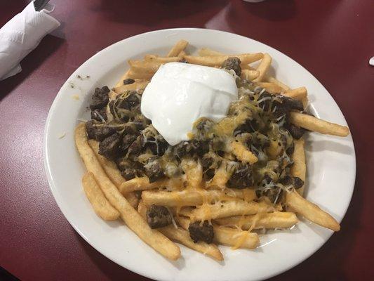 Carne asada fries w/o pico de gallo, pretty good for a cafe.