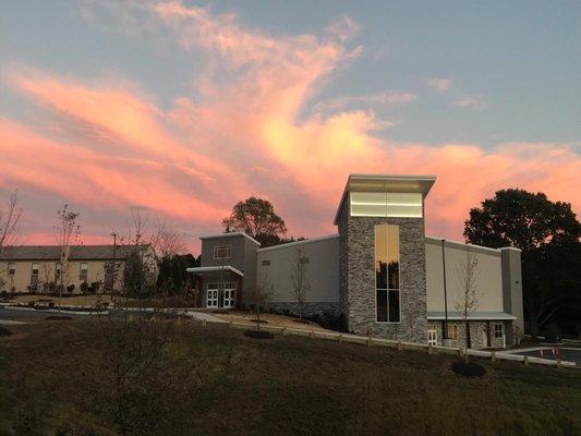 Newly built ValleyPoint Church at sunset