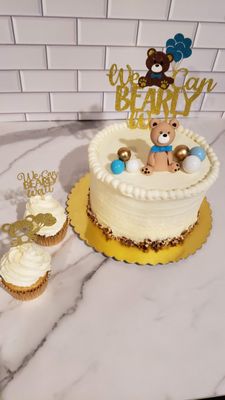 We Can Bearly Wait Themed Red Velvet Cake and Vanilla Cupcakes