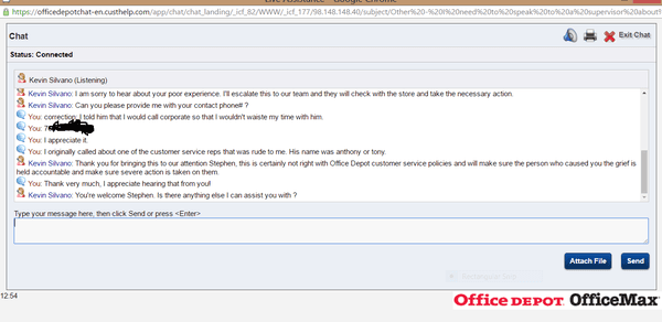 Conversation with corporate over complaint about the rude and hostile store manager.