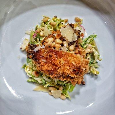 Chicken Skin and Brussels sprout salad.