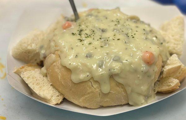 Cream of chicken and wild rice in a bread bowl! Yumm!!!