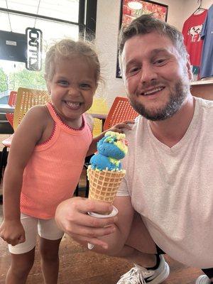 Happy brother, ecstatic niece, dope waffle cone.