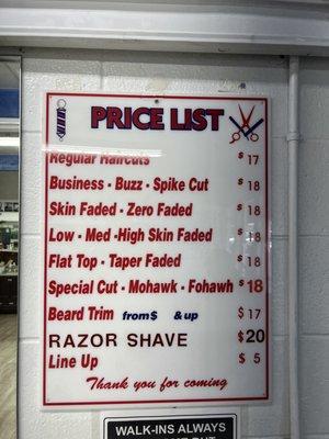 prices for the haircut.