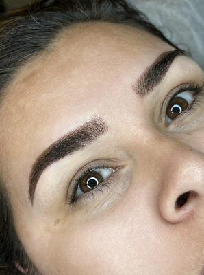 POWDER BROWS... semipermanent makeup it could last 18 months or longer depending on how the body reacts to the pigment.