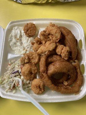 12 piece shrimp with cole slaw and onion rings.