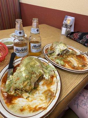 Wet burritos with red sauce and of course, a couple Modelos