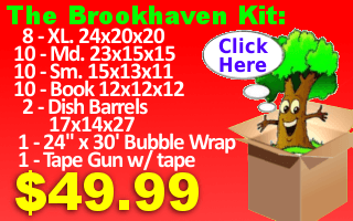 The Brookhaven kit includes 40 moving boxes, bubble wrap, and tape gun with tape for $49.99 - Atlanta's best value