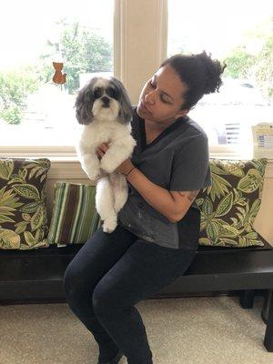 Our groomer Brittany with Bash.