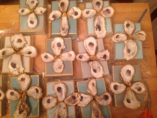 Oyster Art Crosses on Canvas made at the studio in Point Clear - photo from the business