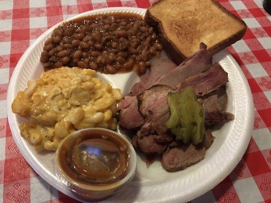 Brisket plate with Texas toast,  mac & cheese and baked beans.