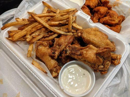 6-piece lemon pepper wings + fries and ranch dressing and a drink (not pictured). $11.25.