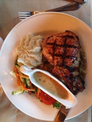 Pork Chop, garlic smashed potatoes, and veggies. Mmmmmm