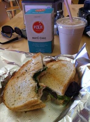 Basil Chicken Salad on Rosemary bread & Chai Smoothie!