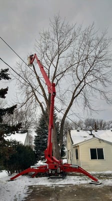 We use an 80ft arial lift for those tough to reach trees