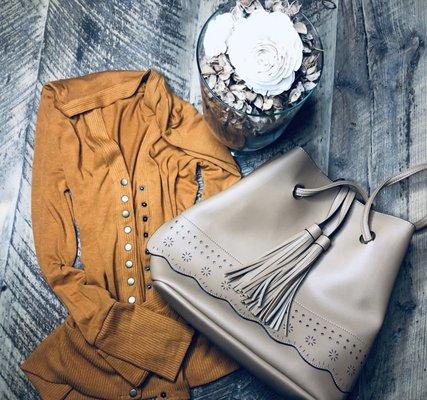 Gorgeous Burnswick Button Down Cardigan and Calliope Handbag.