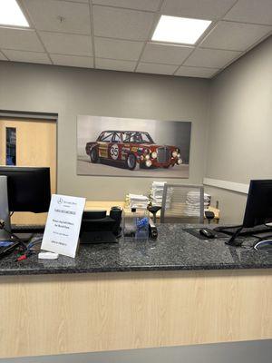 Desk and cool old Mercedes picture