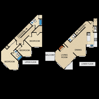 Three Bedroom, Two Bathroom + Powder Room, 1550 sq. ft.