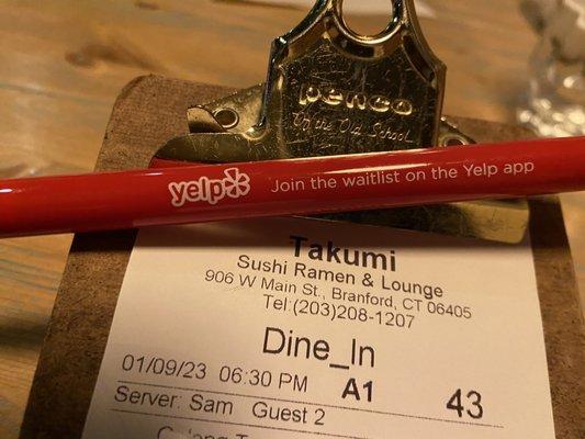 They even had a yelp pen!   Ps. When you check in they offer a free edamame appetizer