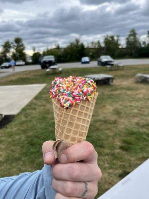 Cherry Vanilla Waffle Cone with Rainbow Sprinkles