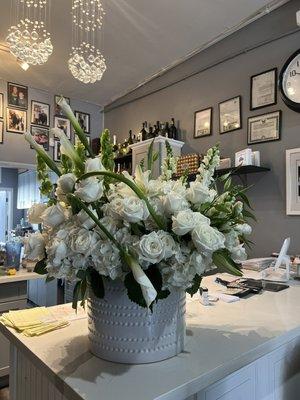 Gorgeous whites and green arrangement www.abbeysflowers.com