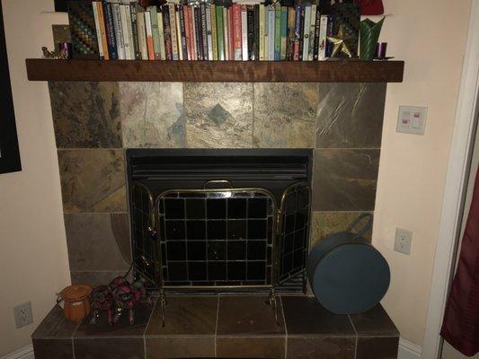 Our cozy gas fireplace, tile work by Ferrante Builders