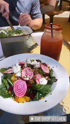 Chilaquiles with carnitas, michelada, beet salad