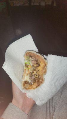 Inside steak burrito Barley meat has rice and beans though