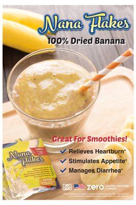 Our best-seller Nana Flakes is made from all natural dried bananas and is multi-purposeful.