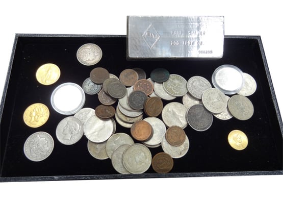 Silver and Gold Coins with 100 oz Silver Bar