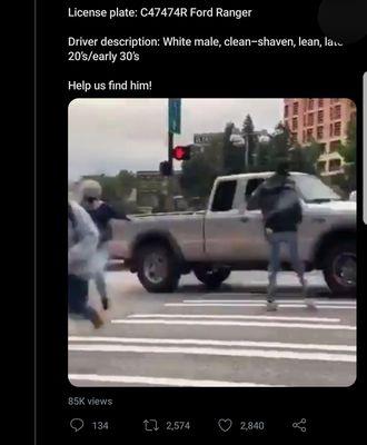 Driver Dave blasting through a city block filled with protestors