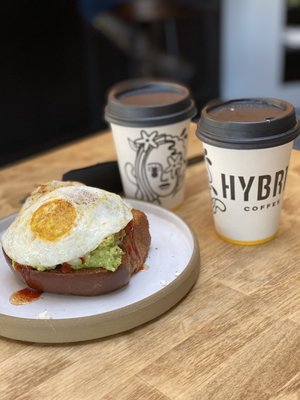 Loaded Avocado Toast & French Toast Latte in beautifully designed paper cups.