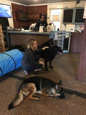 hanging out in the training center after a workout with the dogs