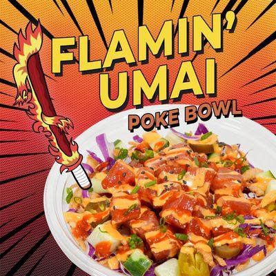 Slay your appetite with this fiery tuna poke bowl!  Jalapeños, purple cabbage, wonton crisps, and topped with fire sauce & sriracha