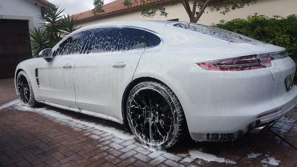 Foam Bath for this clients Porsche Panamera Executive before an AMD Sealant 2 Package.