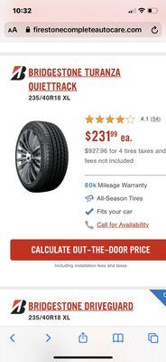 Tires selected for car