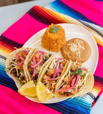 Tacos de Carne Asada and Tacos de Al Pastor with Rice Beans