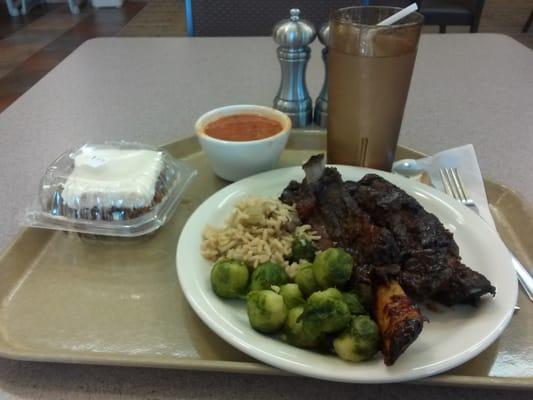 Ribs, veggie, rice, soup (or salad) dessert and beverage, all for six bucks.