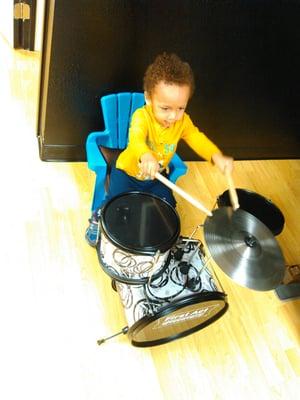 Our backup drummer in rehearsals.  He is only 2 years old, but has a genius musical ear.