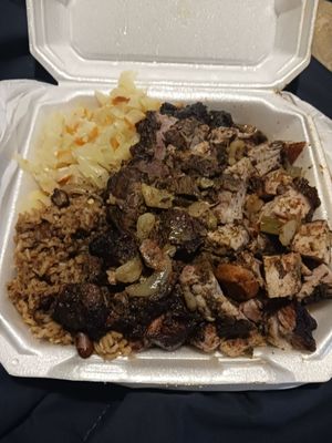 Jerk pork, rice & peas, cabbage