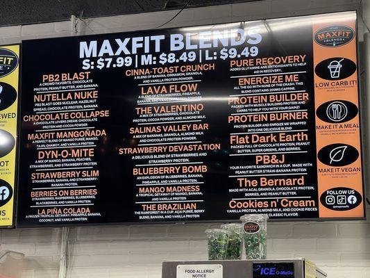 Maxfit smoothie menu as of April, 2024