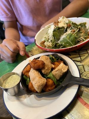 Vegan Popcorn Chicken & Sweet Potato Beignets and Spicy Kale Caesar