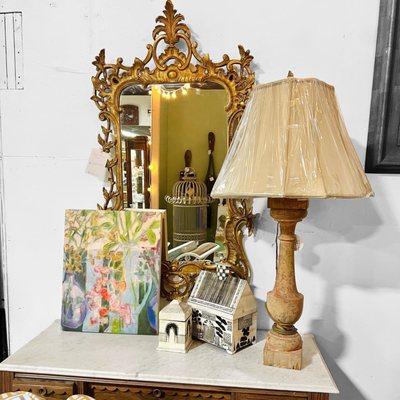 Mirror, lamps, art print on board, bird house light fixture