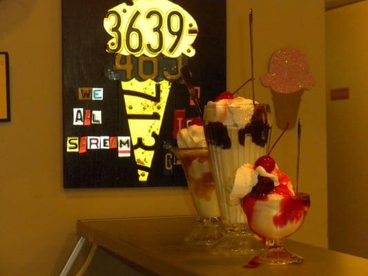 Caramel, hot fudge or strawberry sundaes are available with any of the ice cream flavors we offer.