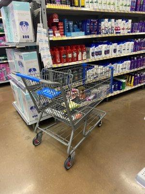 Almost every aisle has buggies with things to restock or abandoned. Blocks everything.