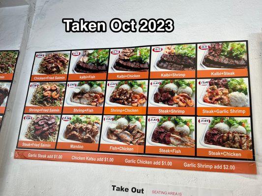 Menu as of Oct 2023