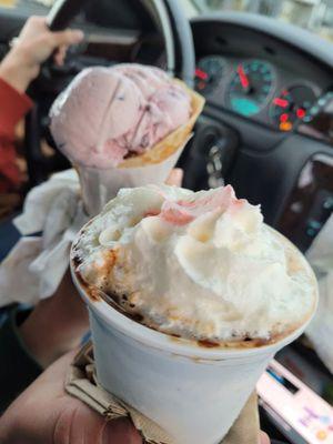 Waffle cone with strawberey, Sundae with Terspresso and Cathy Reese's victory swirl. $13.22