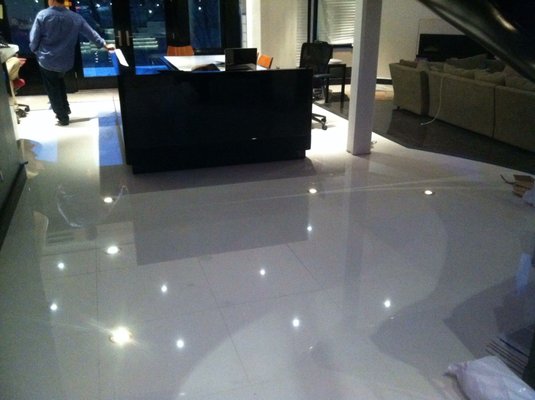 LED floor fixtures installed in the foyer of a custom home on Staten Island