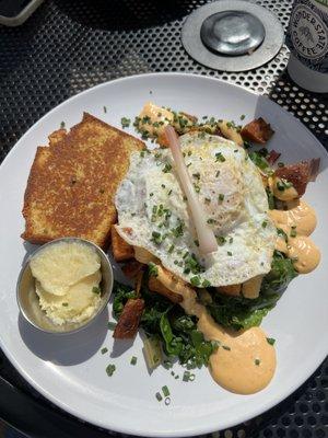 Special- fried southern I think it was called. SO good!! Cornbread & honey butter, sweet potato, Swiss chard, and a perfect egg.